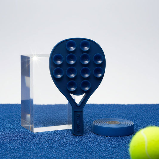 Midnight Blue PadelBuddy with a clear stand on a blue surface