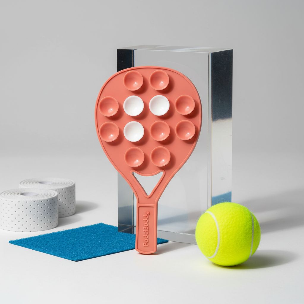 Peach Pop PadelBuddy with multiple holes next to a yellow tennis ball on a light gray background