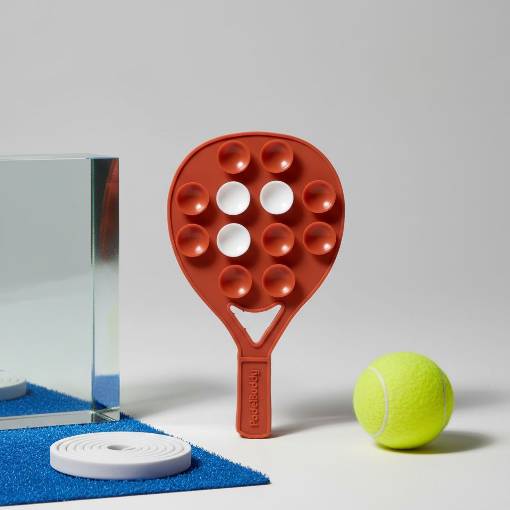 Terracota PadelBuddy with multiple holes and a tennis ball on a white surface with a blue mat.